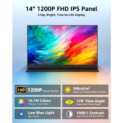 Yodoit Écran Portable 14", 1920x1200 FHD 100% sRGB IPS Ecran avec USB Type C HDMI Haut-Parleurs Intégrés Soin des Yeux pour PC, 