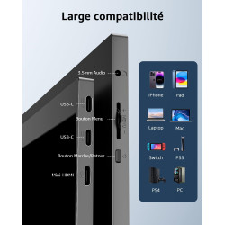 Yodoit Écran Portable 15.6", 1920 × 1080 FHD Moniteur avec Béquille IPS 100% SRGB Display HDMI USB Type C avec Haut-parleurs Int