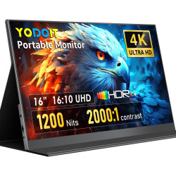 Yodoit Écran Portable 16" 4K 1200 Nits, 3840 x 2400 UHD Moniteur Portable IPS Contraste 2000:1 Display HDMI USB Type C HDR Ecran