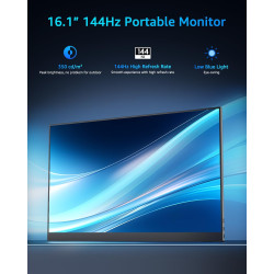 Yodoit Écran Portable 16,1" 144 Hz, 1920 × 1080 FHD Moniteur IPS 100% SRGB Display HDMI USB Type C avec Haut-parleurs Intégrés p