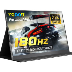 Yodoit Écran Portable 17,3" 2,5K, QHD 180Hz IPS 2560 x 1440 Ecran 16:9 avec Port USB Type C HDMI Haut-parleurs Intégrés et Smart