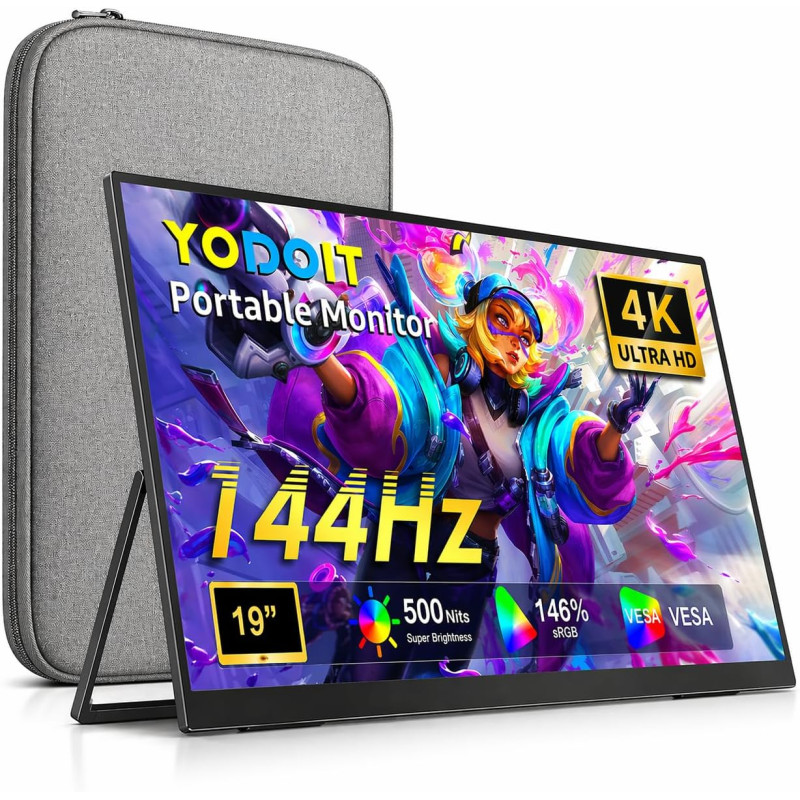 Yodoit Écran Portable 19" 4K 144HZ, UHD 3840 x 2160 QLED Ecran avec Béquille, Port USB Type C HDMI avec Haut-parleurs Intégrés, 