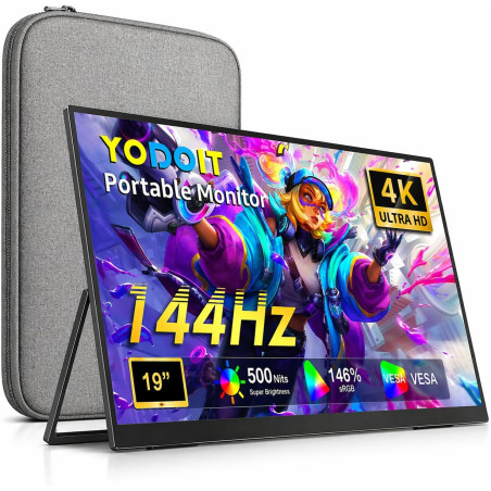 Yodoit Écran Portable 19" 4K 144HZ, UHD 3840 x 2160 QLED Ecran avec Béquille, Port USB Type C HDMI avec Haut-parleurs Intégrés, 