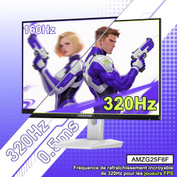 Amzfast 24.5 Pouces Ecran PC Gamer- 320Hz/240Hz, FHD 1920x1080, Fast IPS Écran, 1ms MPRT, 120% sRGB, Anti-Lumière Bleue, HDR, Ad