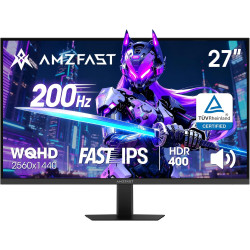 Amzfast 27 Pouces Gaming Ecran QHD 2560x1440 200Hz, Fast IPS Moniteur, sRGB 132%, HDR 450cd/m², Haut-parleurs Intégrés, 1ms MPRT