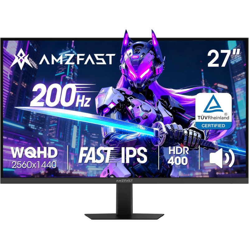 Amzfast 27 Pouces Gaming Ecran QHD 2560x1440 200Hz, Fast IPS Moniteur, sRGB 132%, HDR 450cd/m², Haut-parleurs Intégrés, 1ms MPRT