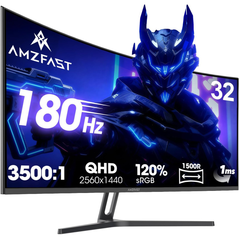 Amzfast Écran PC Gamer Incurvé 32 Pouces, QHD, 180Hz, 1MS MPRT, 1500R, AI Cross Hair, Adaptive Sync, Anti-Lumière Bleue, HDR, HD