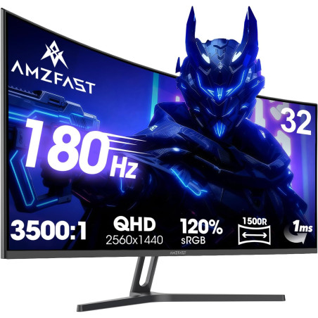 Amzfast Écran PC Gamer Incurvé 32 Pouces, QHD, 180Hz, 1MS MPRT, 1500R, AI Cross Hair, Adaptive Sync, Anti-Lumière Bleue, HDR, HD