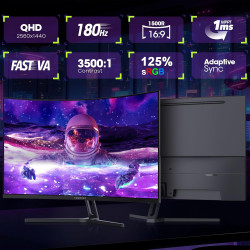 Amzfast Écran PC Gamer Incurvé 32 Pouces, QHD, 180Hz, 1MS MPRT, 1500R, AI Cross Hair, Adaptive Sync, Anti-Lumière Bleue, HDR, HD