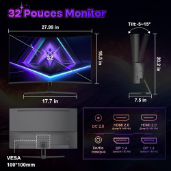 Amzfast Écran PC Gamer Incurvé 32 Pouces, QHD, 180Hz, 1MS MPRT, 1500R, AI Cross Hair, Adaptive Sync, Anti-Lumière Bleue, HDR, HD
