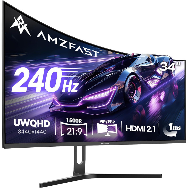 Amzfast Ecran PC Gamer Incurvé 34 Pouces, 240Hz, UWQHD 3440x1440 (21:9), 1 ms MPRT, Eyes Care, sRGB 130%, Adaptive Sync, HDR, HD