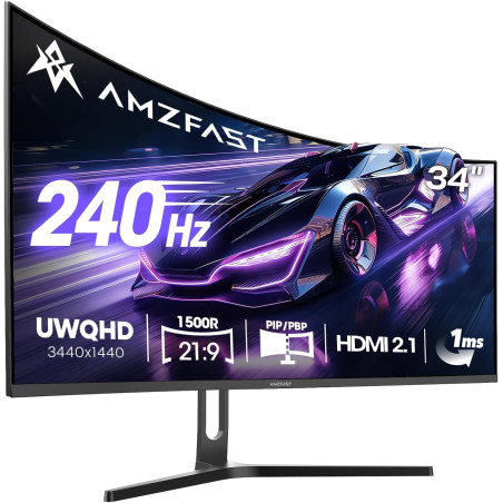 Amzfast Ecran PC Gamer Incurvé 34 Pouces, 240Hz, UWQHD 3440x1440 (21:9), 1 ms MPRT, Eyes Care, sRGB 130%, Adaptive Sync, HDR, HD