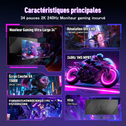 Amzfast Ecran PC Gamer Incurvé 34 Pouces, 240Hz, UWQHD 3440x1440 (21:9), 1 ms MPRT, Eyes Care, sRGB 130%, Adaptive Sync, HDR, HD