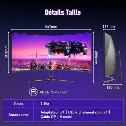 Amzfast Ecran PC Gamer Incurvé 34 Pouces, 240Hz, UWQHD 3440x1440 (21:9), 1 ms MPRT, Eyes Care, sRGB 130%, Adaptive Sync, HDR, HD