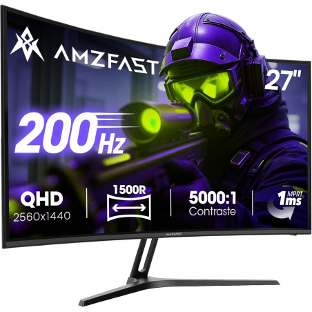 Amzfast Écran PC Gaming 27 Pouces Incurvé, 2K QHD(2560 x 1440), 200Hz Moniteur, 1ms MPRT, 1500R, sRGB 134%, Adpative Sync, HDR40