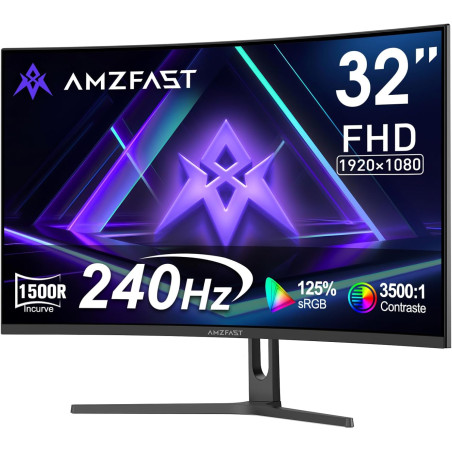 Amzfast 32 Pouces FHD 240HZ Incurve PC Ecran, 1MS MPRT, Adaptive Sync, sRGB 125%, HDR, Anti-Scintillement, Faible Lumière Bleue,