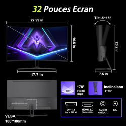 Amzfast 32 Pouces FHD 240HZ Incurve PC Ecran, 1MS MPRT, Adaptive Sync, sRGB 125%, HDR, Anti-Scintillement, Faible Lumière Bleue,