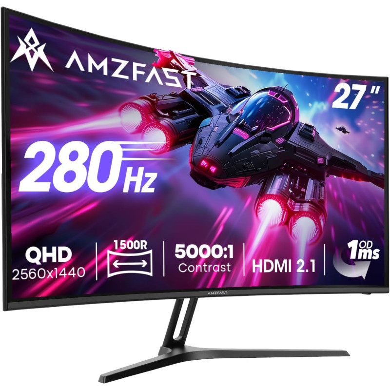 Amzfast écran pc gaming 27 pouces incurvé, 2k qhd(2560 x 1440), 280hz moniteur, 1ms mprt, 1500r, srgb 135%, adaptive sync, low b