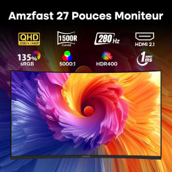 Amzfast écran pc gaming 27 pouces incurvé, 2k qhd(2560 x 1440), 280hz moniteur, 1ms mprt, 1500r, srgb 135%, adaptive sync, low b