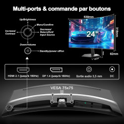 Minifire Ecran PC Gamer Incurvé 24 Pouces -160Hz, FHD 1920x1080, 1ms MPRT, 110% sRGB, 1500R, Pied en métal, Adaptive Sync VESA 1
