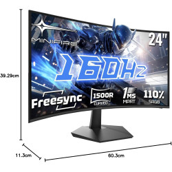 Minifire Ecran PC Gamer Incurvé 24 Pouces -160Hz, FHD 1920x1080, 1ms MPRT, 110% sRGB, 1500R, Pied en métal, Adaptive Sync VESA 1