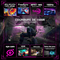 Minifire Ecran PC Gamer Incurvé 27 Pouces -160Hz, FHD 1920x1080, 1ms MPRT, sRGB110%, Écran PC Gaming 1500R, Adaptive Sync, HDMI2