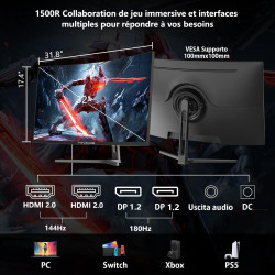 Minifire 32" Écran Gamer Incurvé QHD 2560x1440 180Hz, 1ms MPRT, 1500R, Adaptive Sync, sRGB 120%, HDR, 2X HDMI 2.0 & 2X DP 1.2, V