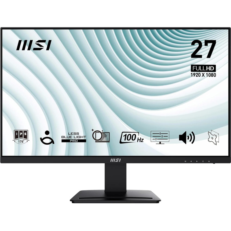 MSI Pro MP273A Écran Bureautique 27" Full HD - Dalle IPS 1920x1080, 100Hz, Confort Oculaire, Montage VESA, Haut-Parleurs Intégré