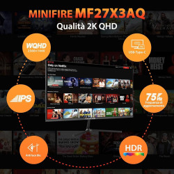 Minifire 27 Pouces Écran PC QHD（2560 x 1440） IPS 75Hz, Port USB‑C, FreeSync, 1ms, 100% sRGB, Bords Ultra‑Fins, HDMI/DP – MF27X3A