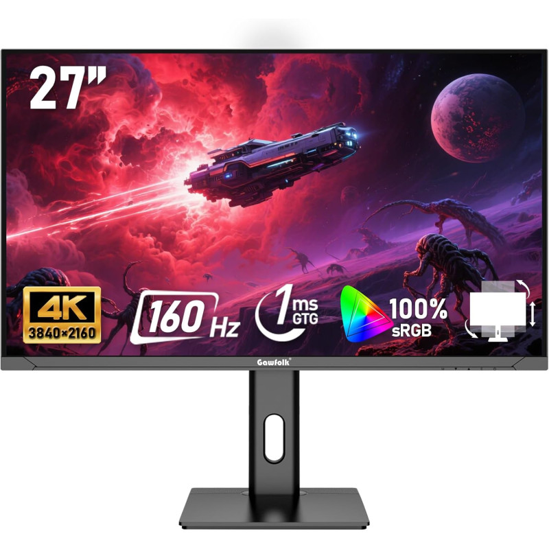 Gawfolk Écran PC 27 Pouces IPS, Moniteur de Jeu 4K UHD 160Hz, 1ms, FreeSync, 100% sRGB, Grand Angle de Vision de 178°, HDMI 2.1,