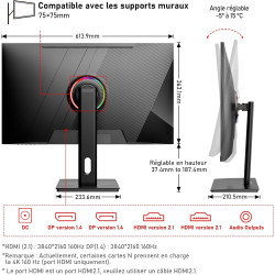 Gawfolk Écran PC 27 Pouces IPS, Moniteur de Jeu 4K UHD 160Hz, 1ms, FreeSync, 100% sRGB, Grand Angle de Vision de 178°, HDMI 2.1,