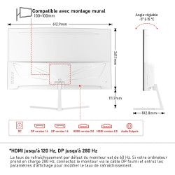 Gawfolk Écran PC 27 Pouces incurvé 280Hz Gaming Computer Moniteur, 1800R,1ms，FHD 1080p, 178 ° Grand Angle,Ultra - Mince Lunette,