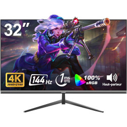Gawfolk Écran PC IPS 32 pouces, moniteur jeu 4K 144Hz, 1ms, Adaptive Sync, 100%sRGB, Angle vision large 178, haut-parleur incorp