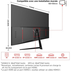Gawfolk Écran PC IPS 32 pouces, moniteur jeu 4K 144Hz, 1ms, Adaptive Sync, 100%sRGB, Angle vision large 178, haut-parleur incorp