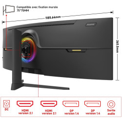 Gawfolk 49 Pouces Écran PC d'ordinateur de Jeu 1500R Ultra-Large incurvé, DQHD (5120×1440), 165Hz, 1MS, FreeSync, 120% sRGB, Mon