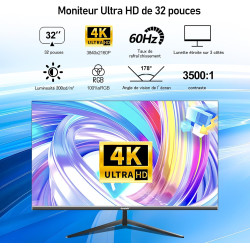 Gawfolk Écran PC 32 Pouces 4K UHD, Moniteur d’Ordinateur Ultra-Clair (3840×2160p), 100% sRGB, Angle de Vision de 178°, HDMI、Disp