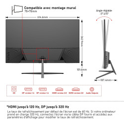 Gawfolk Écran PC IPS 27 Pouces, 2K WQHD (2560×1440P), 320Hz Moniteur Gaming, 1ms Bezel-Less, 120% sRGB, 178° Grand Angle, HDMI, 