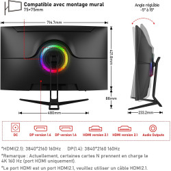 Gawfolk Écran PC 32 pouces 4K UHD incurvé 1500R, moniteur de jeu eSports 160Hz, 1ms, Adaptive Sync, 128%sRGB, grand angle de vis