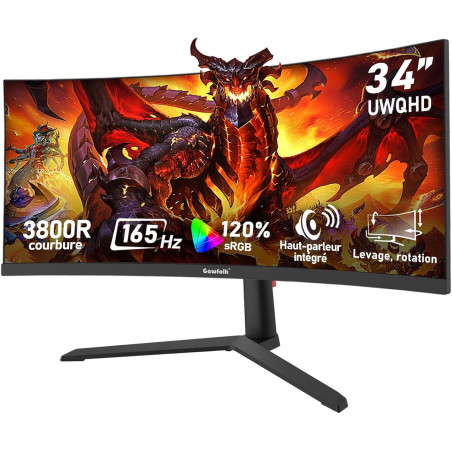 Gawfolk Écran PC Gaming Incurvé Ultrawide 34 Pouces 165 Hz, Moniteur 3800R 21:9 UWQHD (3440x1440), 120% sRGB, 1 ms, Adaptive Syn