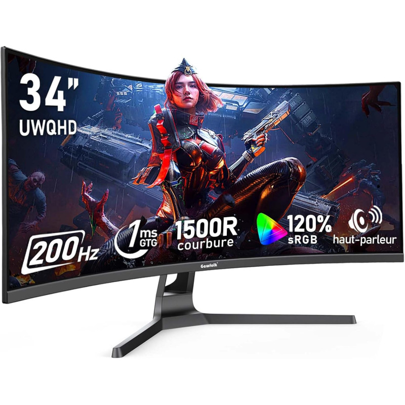 Gawfolk Écran PC Ultra Large 34 Pouces 1500R incurvé 200Hz Gaming Computer Moniteur,21:9 UWQHD(3440x1440),120% sRGB,Adaptive Syn
