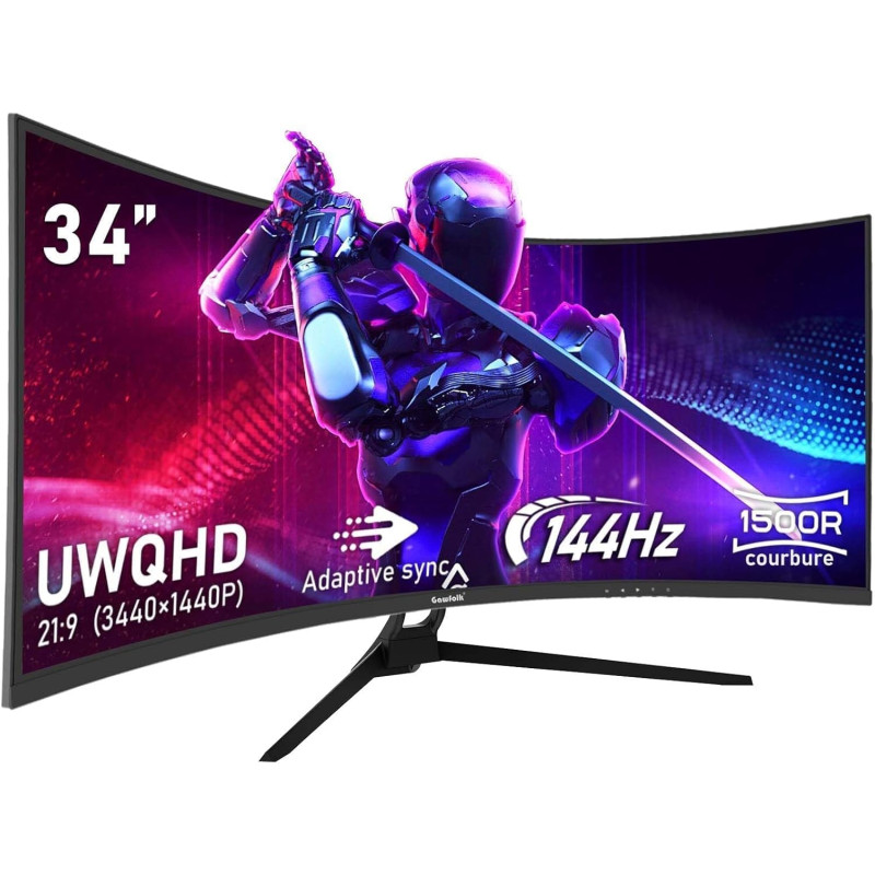 Gawfolk 34 Pouces PC Écran Ultra Large 1500R incurvé 144Hz Gaming Computer Moniteur,21:9 UWQHD(3440x1440),Adaptive Sync，HDR，178 
