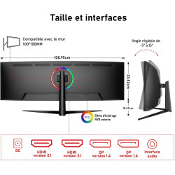 Gawfolk Écran PC Gaming incurvé Ultra-Large 45 Pouces, courbure 1500R, Moniteur DQHD(5120×1440), 240Hz, 1ms, FreeSync, 120% sRGB
