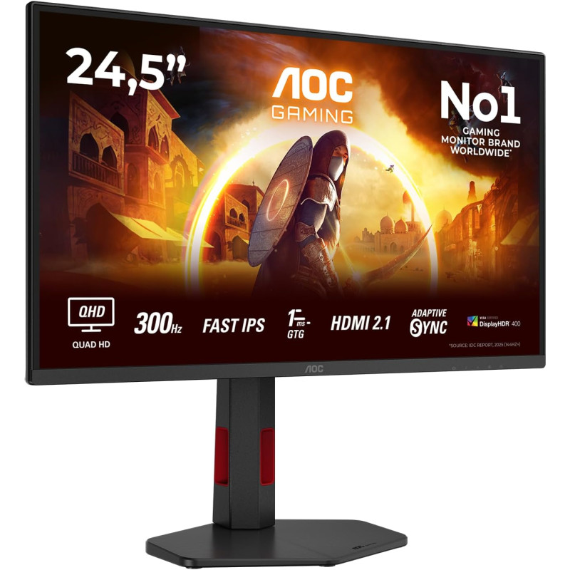 AOC Gaming Moniteur Q25G4SR 24.5 Pouce 300Hz Fast IPS Dalle, 0.3ms MPRT, HDR400, G-Sync Compatible, Ajustable en Hauteur, Haut-p