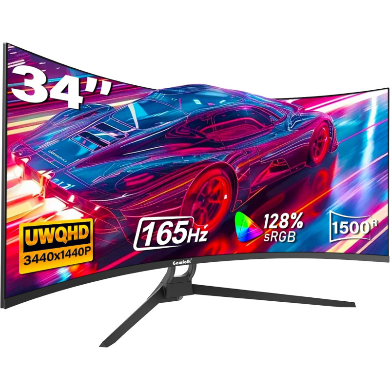 Gawfolk Écran PC Incurvé 34 Pouces, Moniteur Gaming 1500R 165Hz, Ecran PC UWQHD 2K 3440x1440, 128% sRGB, 1ms MPRT,Interface HDMI