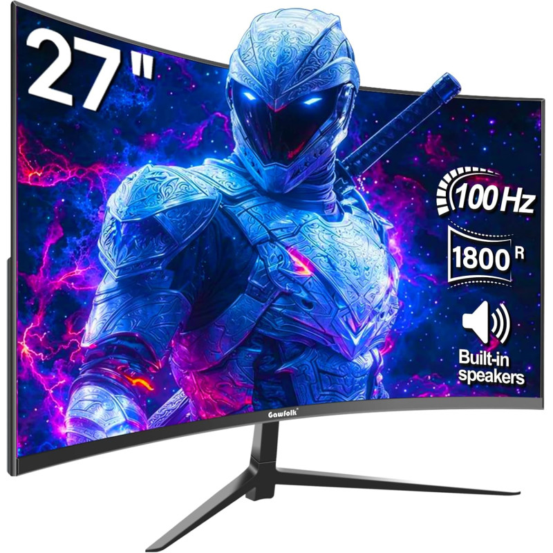 Gawfolk Écran PC Incurvé 27 Pouces, Moniteur Gaming 1800R 100Hz, Ecran PC FHD 1920x1080, 100% sRGB, 1ms MPRT, Haut Parleurs Inté