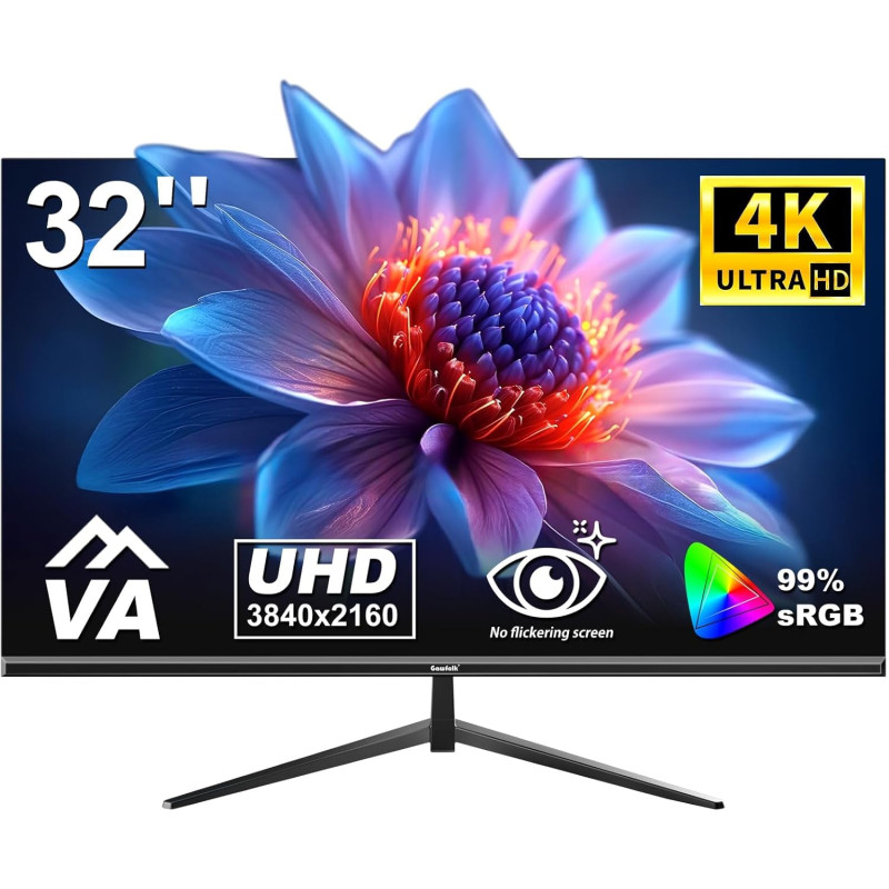 Gawfolk Écran PC 32 Pouces, Moniteur Gaming, Ecran PC UHD 4K 3840x2160 60Hz, 100% sRGB, 1ms MPRT,Interface HDMI & DP, Protection