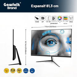 Gawfolk Écran PC 32 Pouces, Moniteur Gaming, Ecran PC UHD 4K 3840x2160 60Hz, 100% sRGB, 1ms MPRT,Interface HDMI & DP, Protection