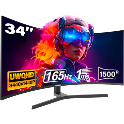 Gawfolk Écran PC Incurvé 34 Pouces, Moniteur Gaming 1500R 165Hz, Ecran PC UWQHD 3440x1440P, 100% sRGB, 1ms MPRT,Interface HDMI &