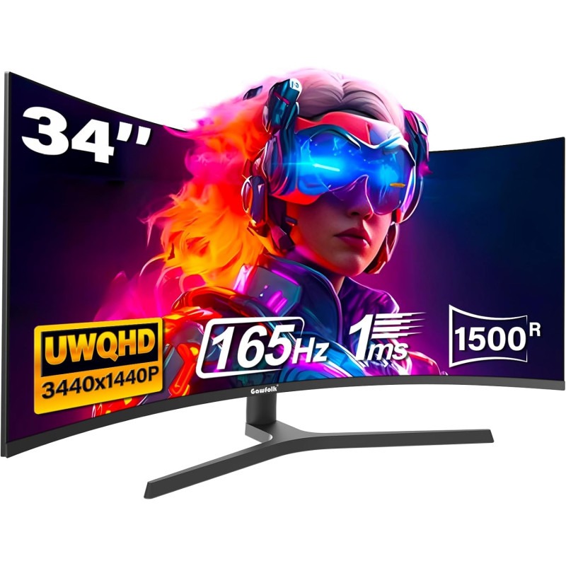 Gawfolk Écran PC Incurvé 34 Pouces, Moniteur Gaming 1500R 165Hz, Ecran PC UWQHD 3440x1440P, 100% sRGB, 1ms MPRT,Interface HDMI &