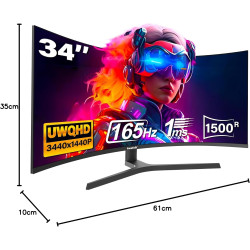 Gawfolk Écran PC Incurvé 34 Pouces, Moniteur Gaming 1500R 165Hz, Ecran PC UWQHD 3440x1440P, 100% sRGB, 1ms MPRT,Interface HDMI &